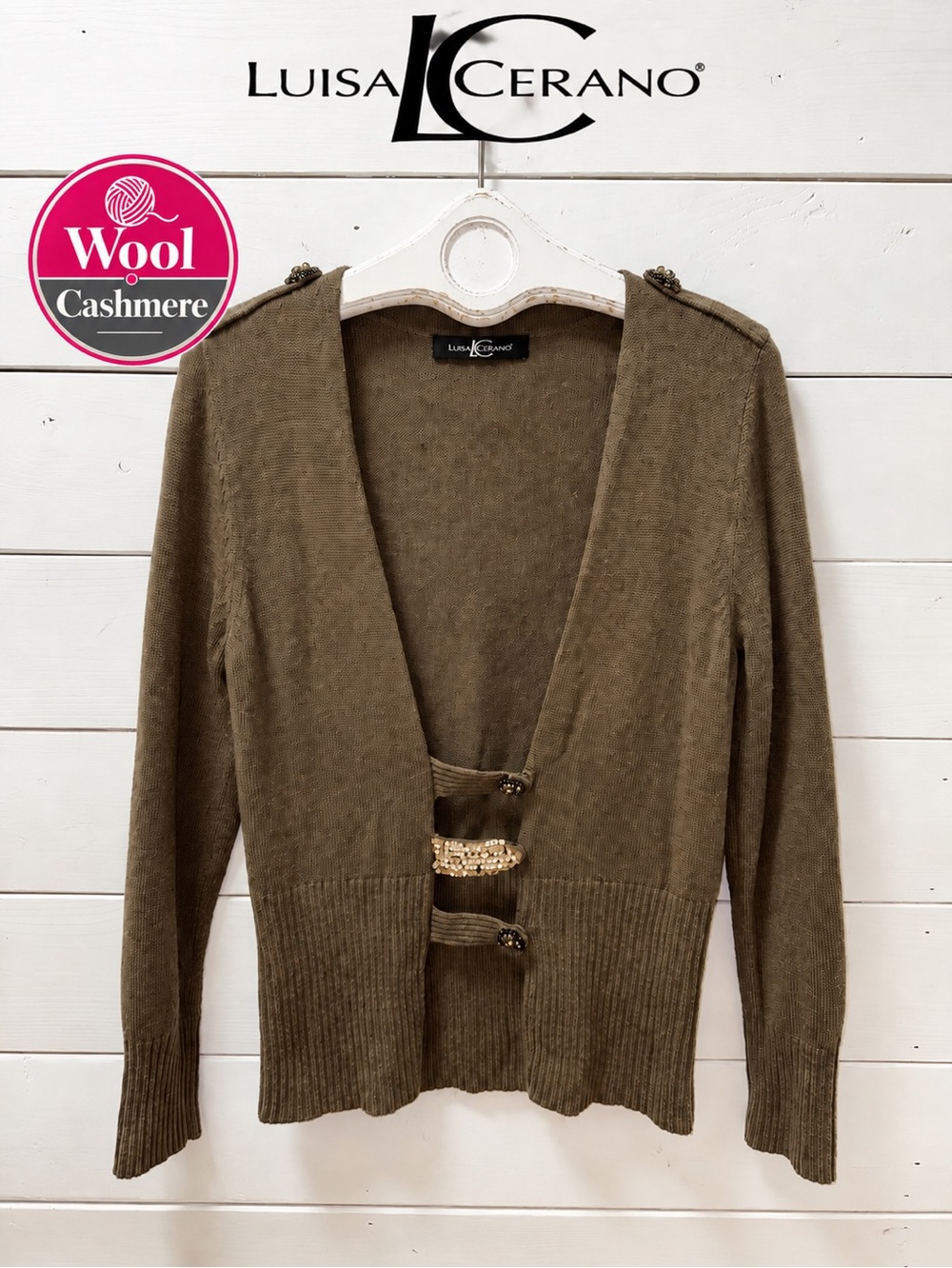 LUISA CERANO Embellished Wool & Cashmere Blend Cardigan – Size 12